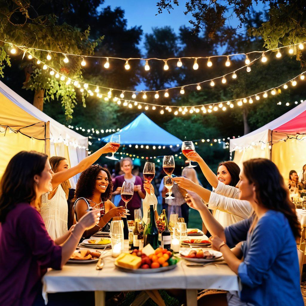 A vibrant outdoor wine festival scene featuring diverse groups of people toasting with wine glasses, showcasing colorful tents with wine bottles and cheese platters. The background has lush vineyards and festive decorations, with strings of fairy lights overhead. Capture the essence of community, connection, and joy in the atmosphere. super-realistic. vibrant colors. 3D.