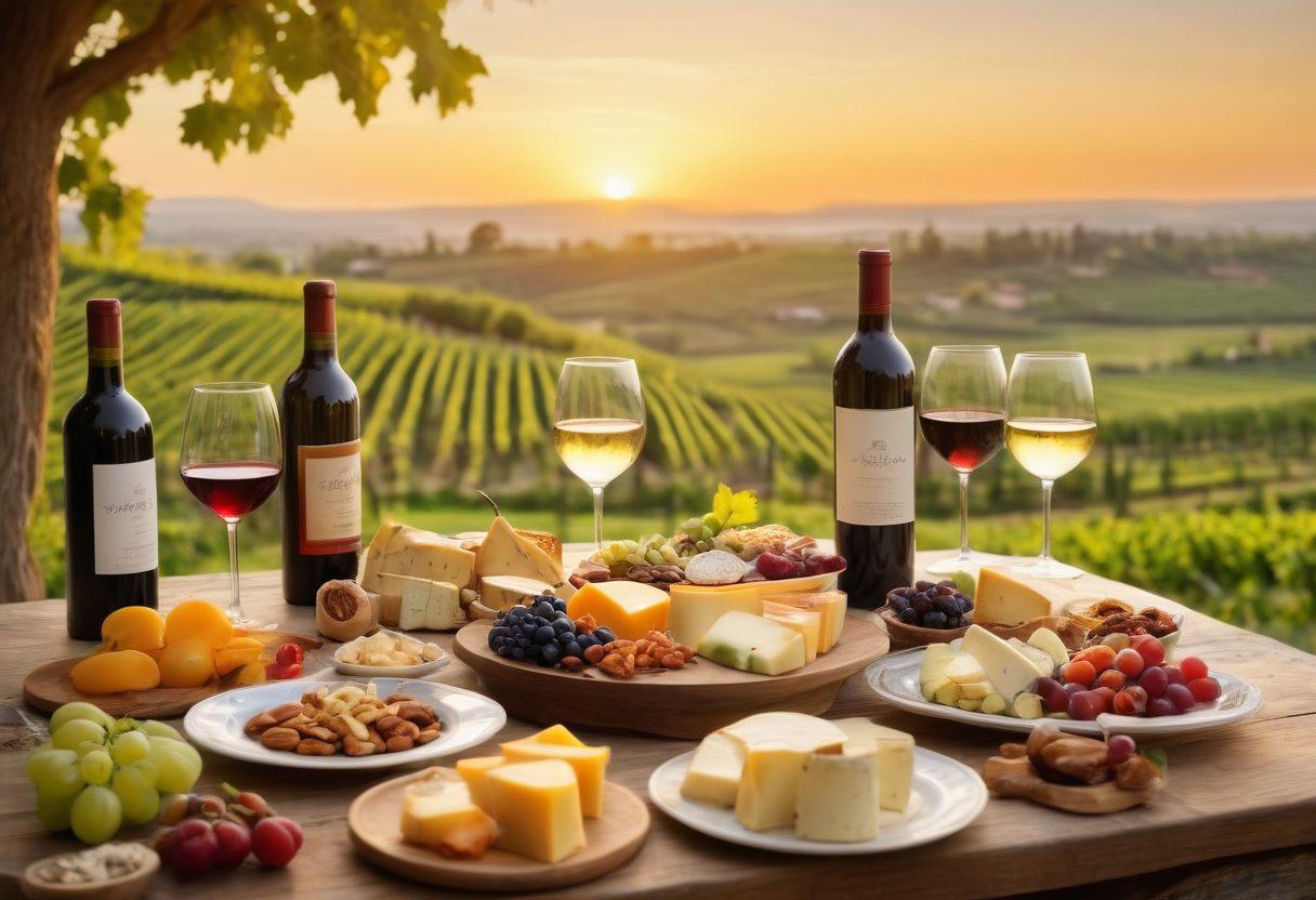 A beautifully arranged table featuring diverse wine bottles from various regions, surrounded by delectable food pairings like cheese, fruits, and nuts. In the background, picturesque vineyards stretch into the horizon under a golden sunset, creating a warm and inviting atmosphere. A group of friends joyfully clinking glasses, celebrating togetherness and connection, adds to the scene. The overall composition should evoke a sense of exploration and community around wine culture. super-realistic. vibrant colors. warm tones.