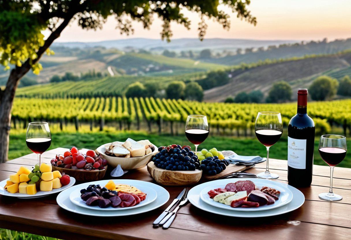 A stylish dining table set with elegant wine glasses filled with red and white wine, paired with gourmet dishes like cheese, charcuterie, and fresh fruits. Behind, a serene vineyard landscape under a dusky sky, symbolizing the connection between food and wine. Include sommelier tools like a corkscrew and tasting notes for an expert touch. The overall atmosphere should feel warm and inviting. super-realistic. vibrant colors. 3D.